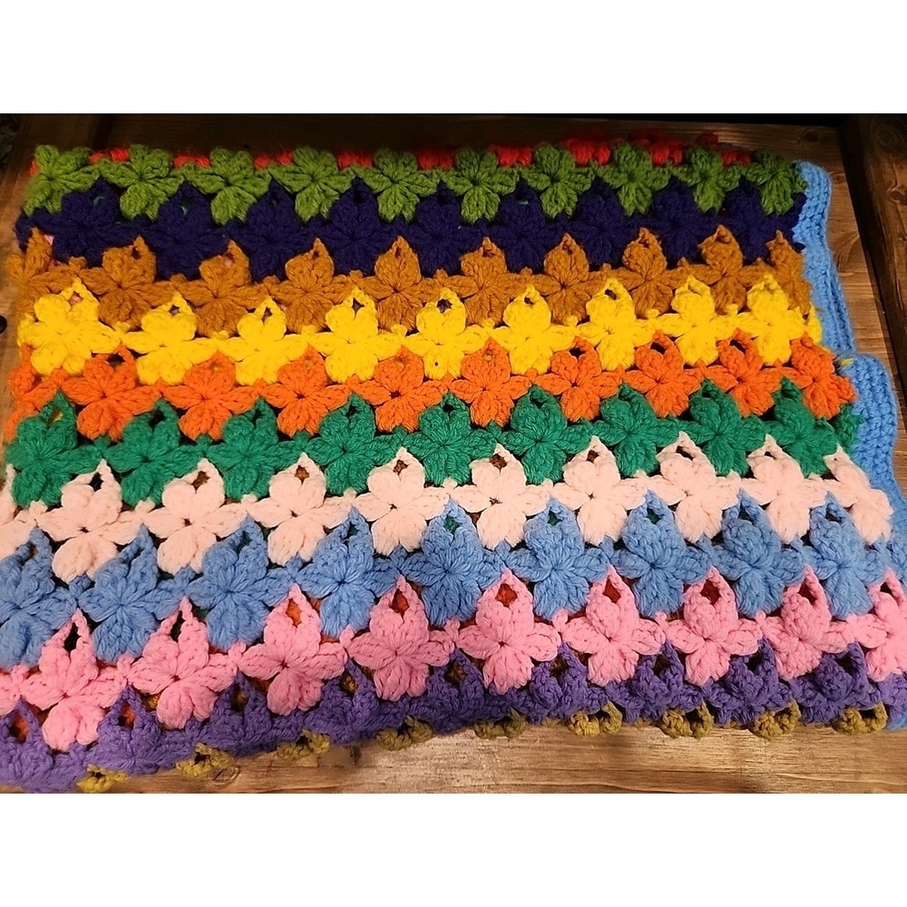 Vintage Handmade Flower Colorful Afghan Crochet Blanket Couch/Bed Throw 65x40 In